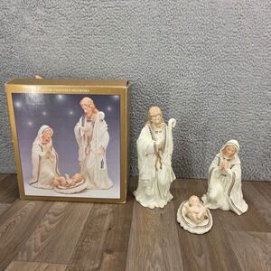 Jade Porcelain Nativity Set 3 Piece Gold Accent Holy Family Figurines 10 Inch